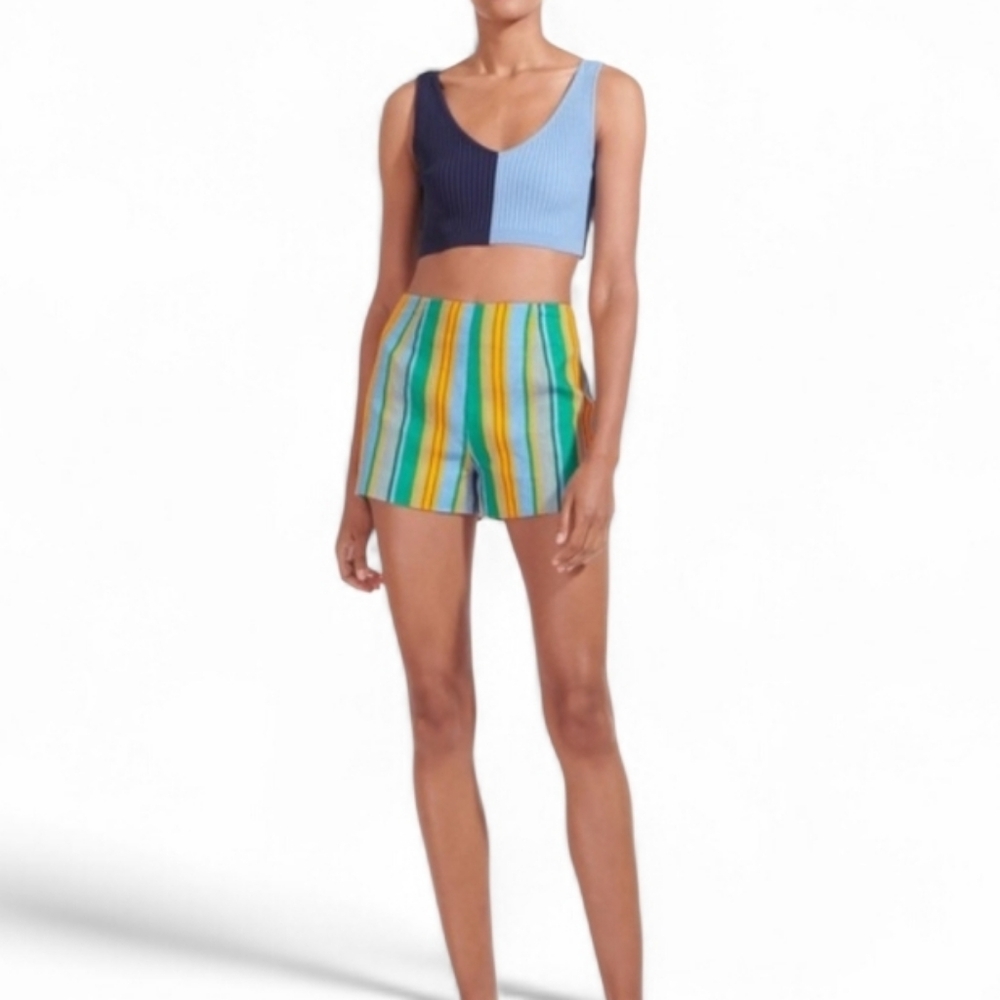Staud Oscar Striped Linen Shorts In Blue And Orange Ibiza Stripe Size 16 NWT - Picture 4 of 14